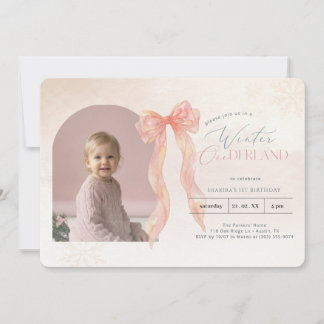 Winter Onederland Pink Bow 1st Birthday Arch Photo Invitation