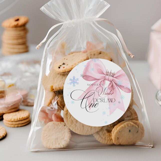 Winter ONEderland Pink Bow 1st Birthday Party Classic Round Sticker (Creator Uploaded)