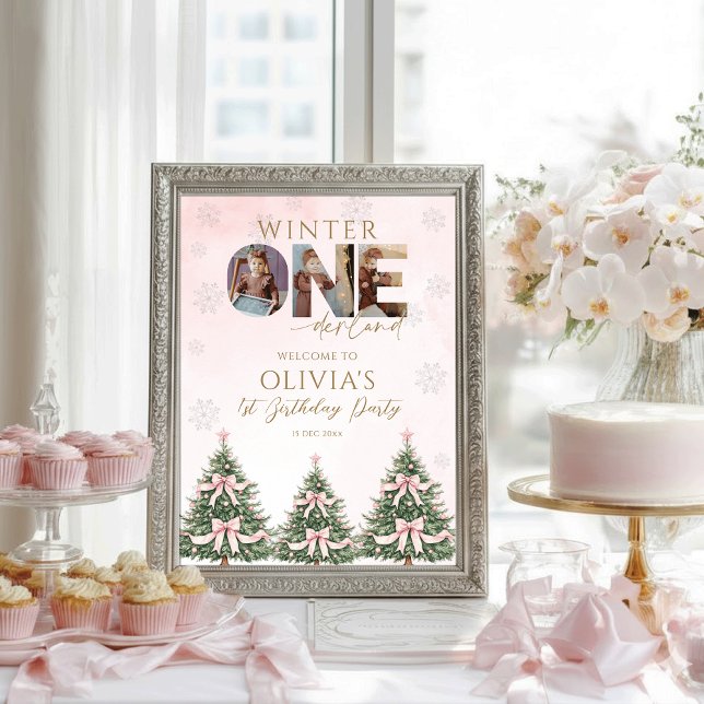 Winter Onederland Pink Bow 1st Birthday Welcome Poster (Creator Uploaded)