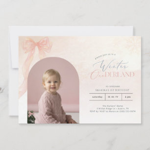 Winter Onederland Pink Bow Arch Photo 1st Birthday Invitation
