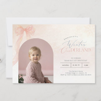 Winter Onederland Pink Bow Arch Photo 1st Birthday Invitation