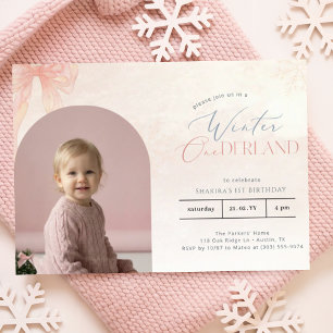 Winter Onederland Pink Bow Arch Photo 1st Birthday Invitation