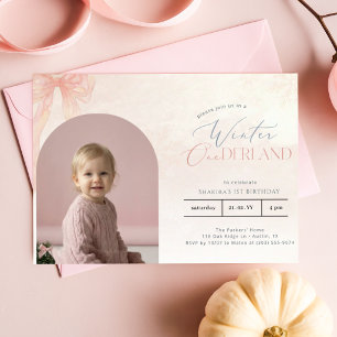 Winter ONEderland Pink Bow First Birthday Photo Invitation