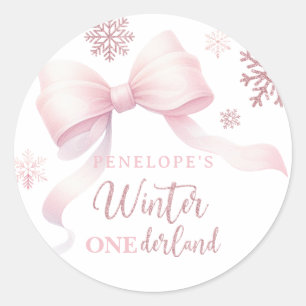 Winter Onederland Pink Bow Girl 1st Birthday Classic Round Sticker