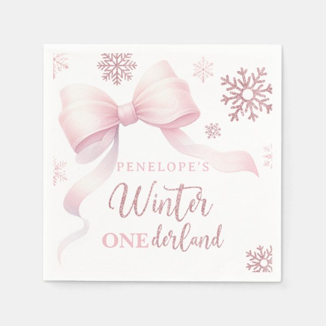 Winter Onederland Pink Bow Girl 1st Birthday Napkin (Front)
