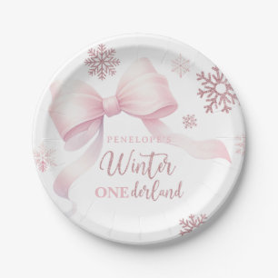 Winter Onederland Pink Bow Girl 1st Birthday Paper Plate
