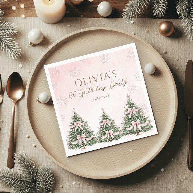 Winter Onederland Pink Bow Pine Trees 1st Birthday Napkin (Creator Uploaded)