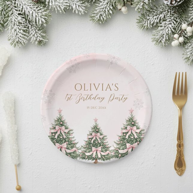 Winter Onederland Pink Bow Pine Trees 1st Birthday Paper Plate (Creator Uploaded)