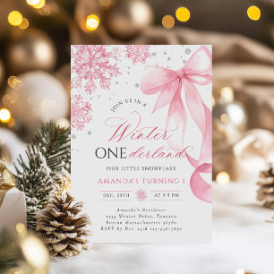 Winter Onederland Pink Bow Snowflake Birthday Invitation