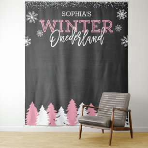 Winter Onederland Pink Chalkboard Backdrop Tapestry