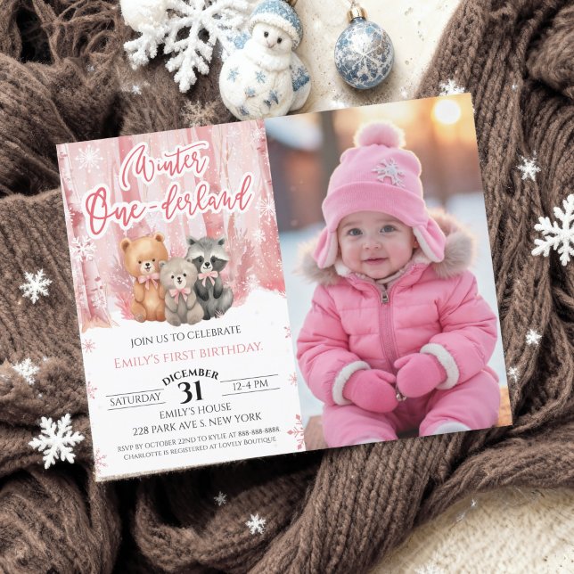 Winter Onederland Pink First Bday Photo Invitation (Creator Uploaded)