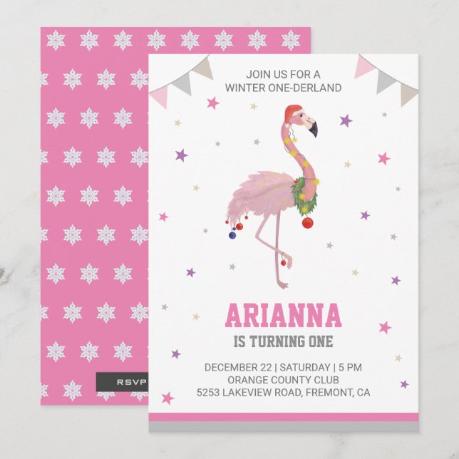 Winter ONEderland Pink Flamingo 1st Girls Birthday Invitation (Front/Back)