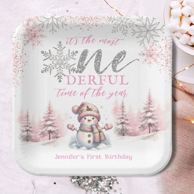 Winter ONEderland Pink Girl Christmas 1st Birthday Paper Plate (Creator Uploaded)