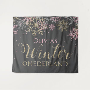 Winter Onederland Pink Girl First Birthday Tapestry