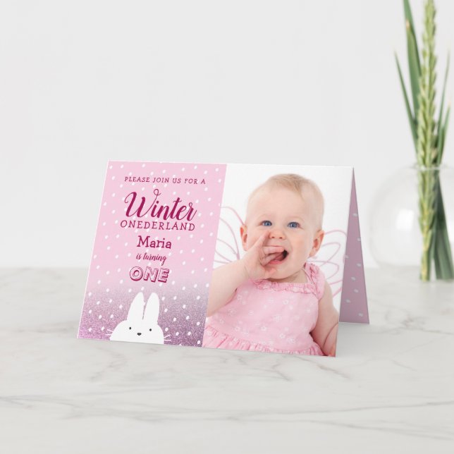 Winter Onederland Pink Glitter Photo Invitation (Front)
