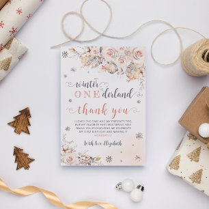 Winter Onederland Pink Gold Birthday Thank You Card
