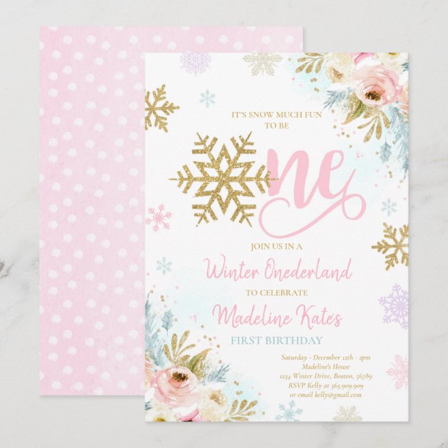 Winter ONEderland Pink & Gold  Floral 1st Birthday Invitation (Front/Back)