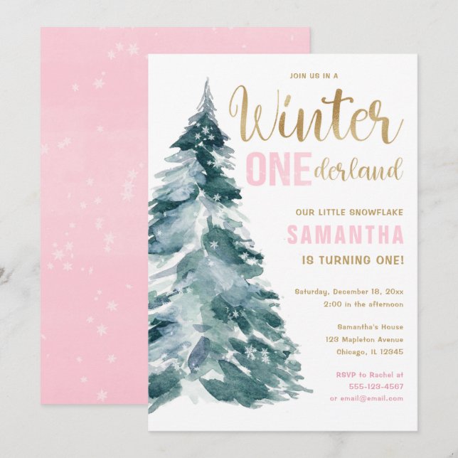 Winter Onederland pink gold girl 1st birthday Invi Invitation (Front/Back)