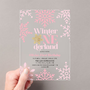Winter Onederland Pink Gold Snowflake 1st Birthday Acrylic Invitations