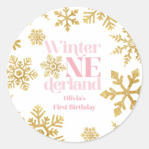 Winter Onederland Pink Gold Snowflake 1st Birthday Classic Round Sticker