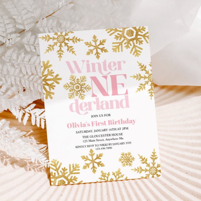 Winter Onederland Pink Gold Snowflake 1st Birthday Invitation (Creator Uploaded)