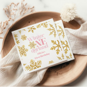 Winter Onederland Pink Gold Snowflake 1st Birthday Napkin