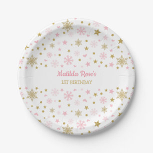Winter Onederland Pink Gold Snowflake Birthday Paper Plate