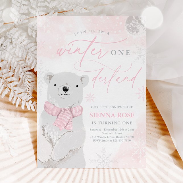 Winter Onederland Pink Polar Bear Birthday  Invitation (Creator Uploaded)
