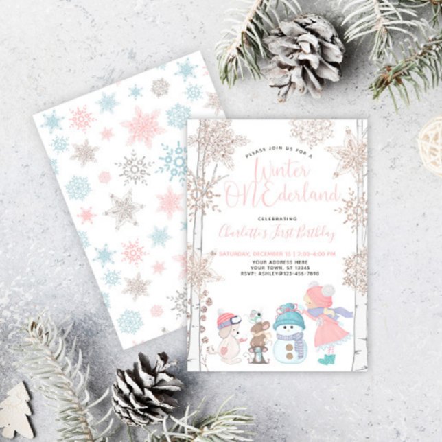 Winter ONEderland Pink Rose Gold 1st Birthday Invitation (Creator Uploaded)