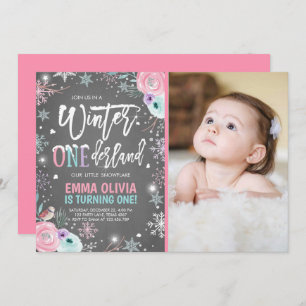 Winter ONEderland Pink Silver 1st Birthday Invitation