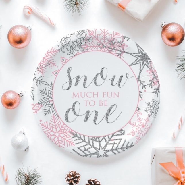 Winter Onederland pink silver 1st birthday party Paper Plate (Creator Uploaded)