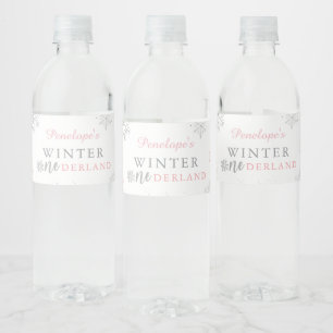 Winter Onederland Pink Silver 1st Birthday Water Bottle Label