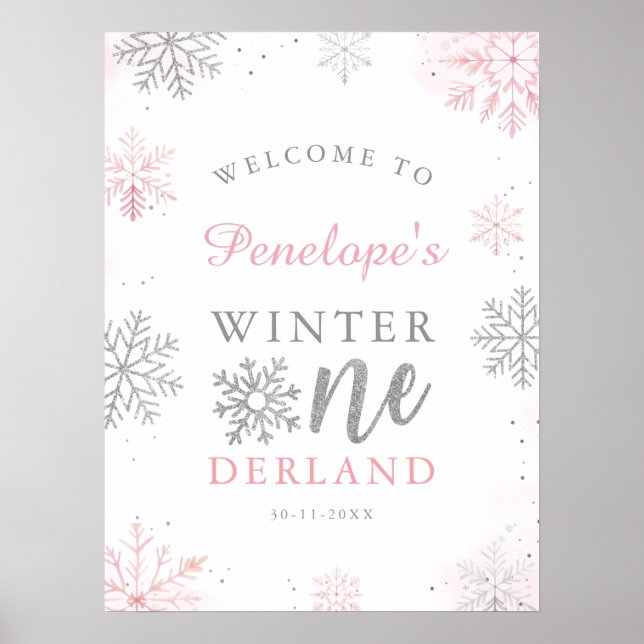 Winter Onederland Pink Silver 1st Birthday Welcome Poster (Front)
