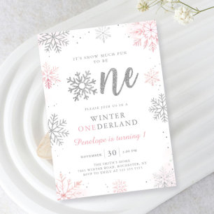 Winter Onederland Pink Silver First Birthday Invitation