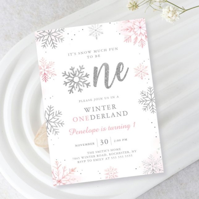 Winter Onederland Pink Silver First Birthday Invitation (Creator Uploaded)