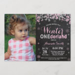 Winter Onederland Pink Silver Girl 1st Birthday Invitation<br><div class="desc">Rustic Winter Onederland Pink and Silver Girl 1st Birthday Invitation with custom photo. 1st First Birthday Party. Pink and Silver Glitter Snowflake. Girl Birthday Party Invitation. Winter Holiday Bday. 1st First Birthday. Chalkboard Background. Black and Silver. For further customisation, please click the "Customise it" button and use our design tool...</div>