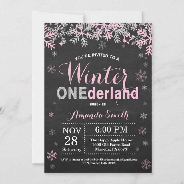 Winter Onederland Pink Silver Girl 1st Birthday Invitation (Front)