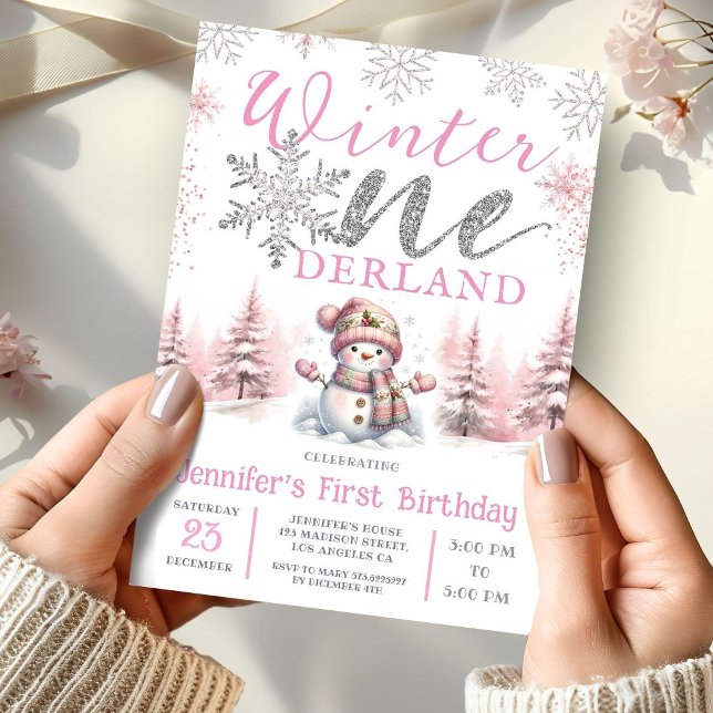 Winter Onederland Pink Silver Glitter 1st Birthday Invitation (Creator Uploaded)
