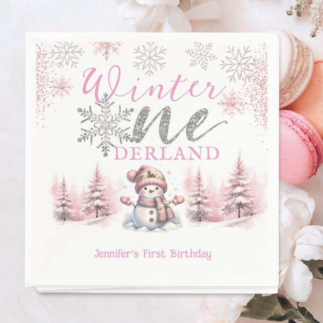 Winter Onederland Pink Silver Glitter 1st Birthday Napkin (Creator Uploaded)