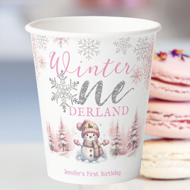 Winter Onederland Pink Silver Glitter 1st Birthday Paper Cups (Creator Uploaded)