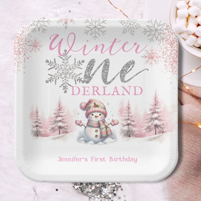 Winter Onederland Pink Silver Glitter 1st Birthday Paper Plate (Creator Uploaded)
