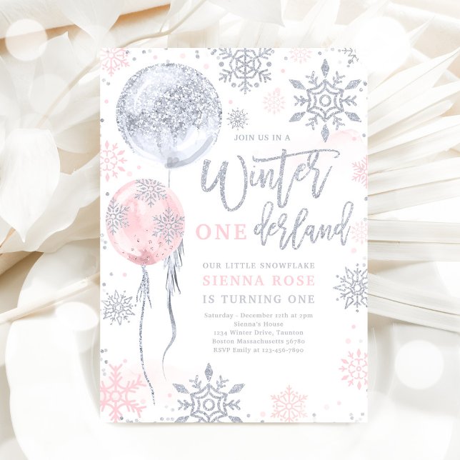 Winter Onederland Pink Silver Snowflake Birthday  Invitation (Creator Uploaded)