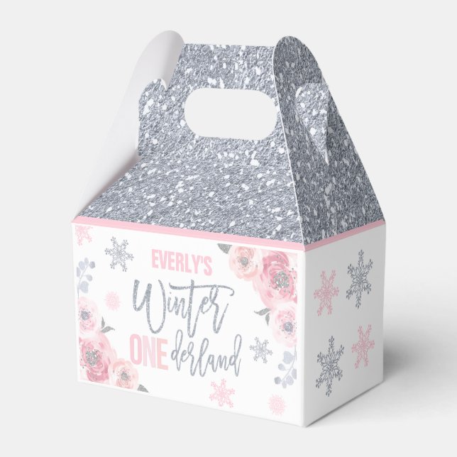 Winter ONEderland Pink Silver Snowflake Party Favour Box (Front Side)