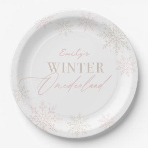 Winter Onederland Pink Snowflake 1st Birthday Paper Plate