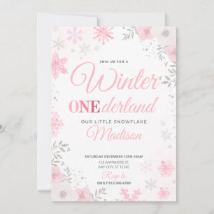 Winter ONEderland Pink Snowflake 1st Invitation