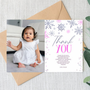 Winter ONEderland Pink Snowflake Birthday Party Thank You Card