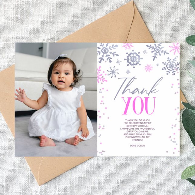 Winter ONEderland Pink Snowflake Birthday Party Thank You Card (Creator Uploaded)