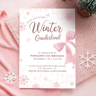 Winter Onederland Pink Snowflake First Birthday Invitation