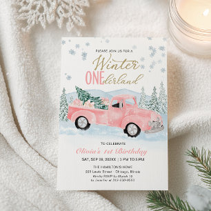 Winter Onederland Pink Truck First Birthday Invitation