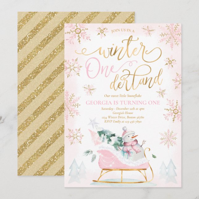 Winter ONEderland Pink Winter Sleigh 1st Birthday Invitation (Front/Back)